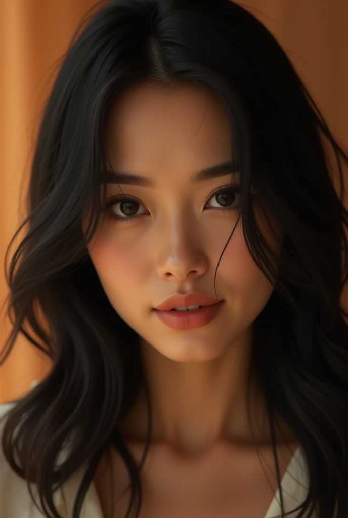 30 year lady, chest shot, black eyes, black hair, warm background, smirk