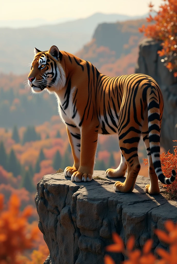 a brown tiger on a cliff, looking out from a high place, autumn background, cute realistic style, best quality, 4k, 8k, highres, masterpiece:1.2, ultra-detailed, realistic, photorealistic, photo-realistic:1.37, HDR, UHD, studio lighting, ultra-fine painting, sharp focus, physically-based rendering, extreme detail description, professional, vivid colors, bokeh, portrait