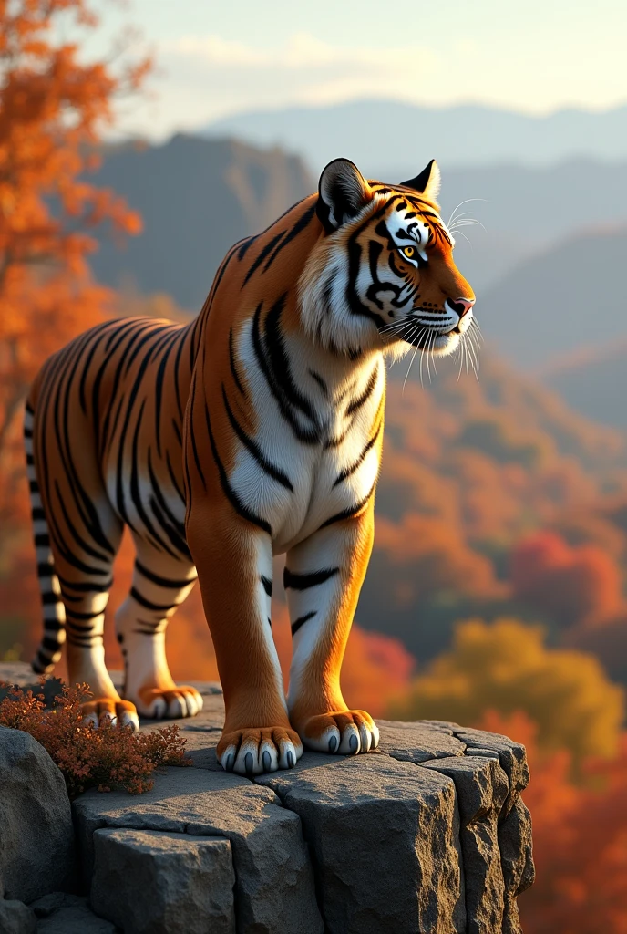 a brown tiger on a cliff, looking out from a high place, autumn background, cute realistic style, best quality, 4k, 8k, highres, masterpiece:1.2, ultra-detailed, realistic, photorealistic, photo-realistic:1.37, HDR, UHD, studio lighting, ultra-fine painting, sharp focus, physically-based rendering, extreme detail description, professional, vivid colors, bokeh, portrait