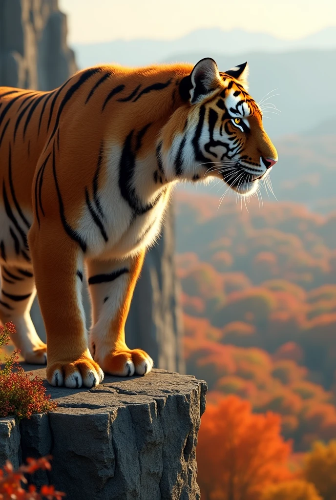 a brown tiger on a cliff, looking out from a high place, autumn background, cute realistic style, best quality, 4k, 8k, highres, masterpiece:1.2, ultra-detailed, realistic, photorealistic, photo-realistic:1.37, HDR, UHD, studio lighting, ultra-fine painting, sharp focus, physically-based rendering, extreme detail description, professional, vivid colors, bokeh, portrait