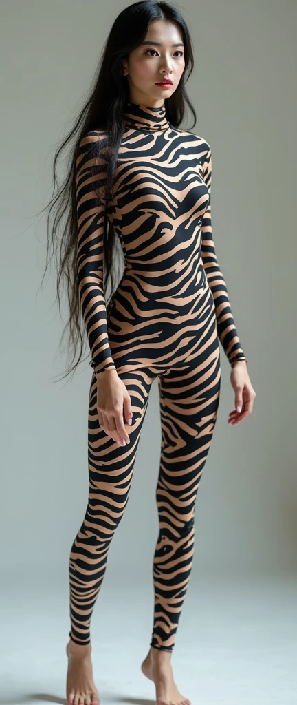 The beautiful taiwan contortion adult girl contortionist with beautiful cheeks and long hair wears zebra print full lycra dancewear turtleneck unitard catsuit 