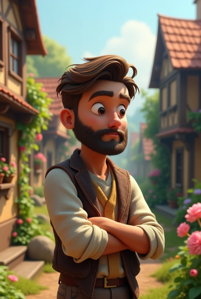 Young man beard thinking in village ai 3d cartoon type realistic image 