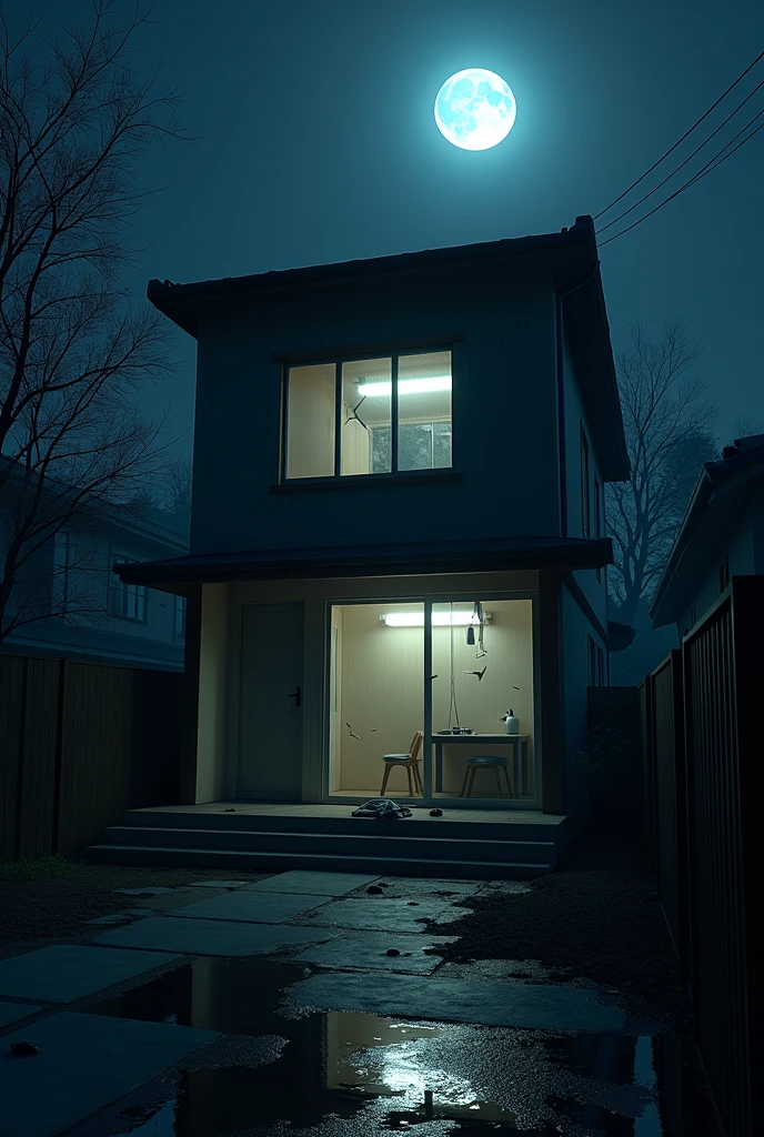 A modern Japanese suburban home in the dead of night, the interior dimly lit by moonlight filtering through shattered windows. The scene is eerily quiet, with signs of a violent struggle—scattered objects, overturned furniture, and dark stains on the tatami mats. A chilling silence permeates the air, as if the home itself holds its breath.