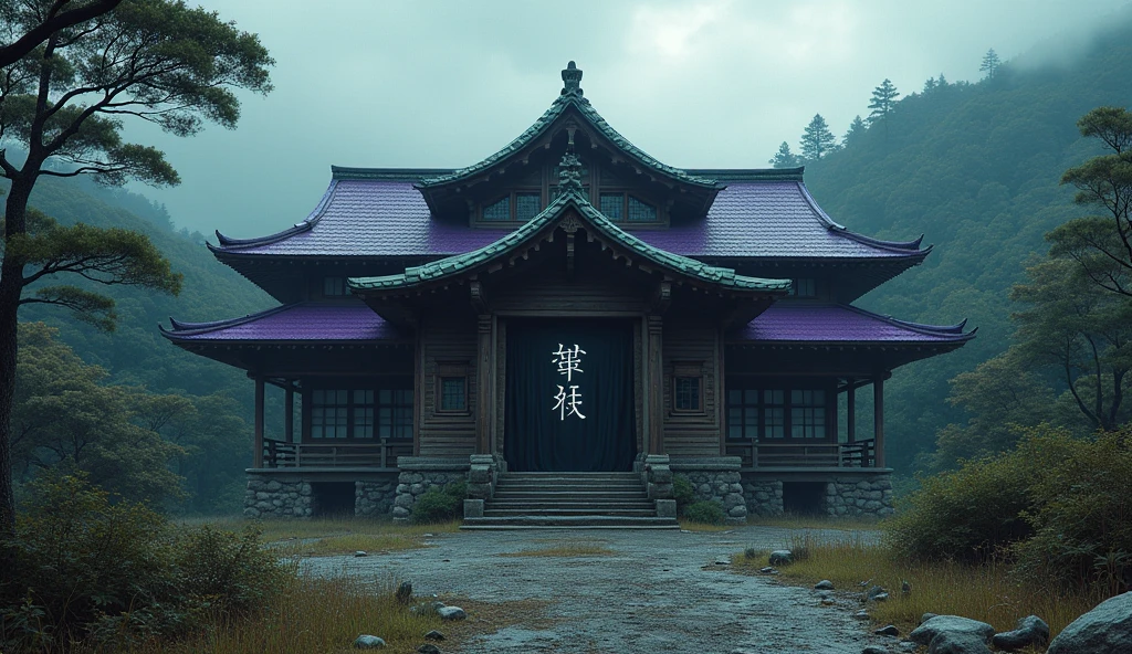 Spooky and dark atmosphere、A mysterious and vast Japanese-style mansion、Wide width、Near the forest、Gaudy purple roof、It's a single-story wooden building with an eerie monument visible in the back.、Inspired by old Japanese houses、Creative religious facilities、辺境の寂しい場Placeにある、A glimpse of unknown technology、It has been several decades since it was built.、The surrounding background is bright during the day, so the area around the building has a creepy atmosphere to contrast with it.、Place々Rough、A large black curtain with mysterious letters written in white hangs at the entrance.、Draw this building from a mountaintop, looking down on it.