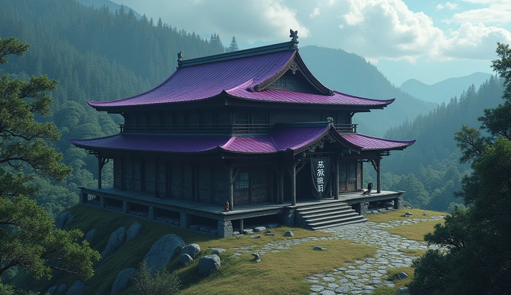 Spooky and dark atmosphere、A mysterious and vast Japanese-style mansion、Wide width、Near the forest、Gaudy purple roof、It&#39;s a single-story wooden building with an eerie monument visible in the back.、Inspired by old Japanese houses、Creative religious facilities、辺境の寂しい場Placeにある、A glimpse of unknown technology、It has been several decades since it was built.、The surrounding background is bright during the day, so the area around the building has a creepy atmosphere to contrast with it.、Place々Rough、A large black curtain with mysterious letters written in white hangs at the entrance.、Draw this building from a mountaintop, looking down on it.