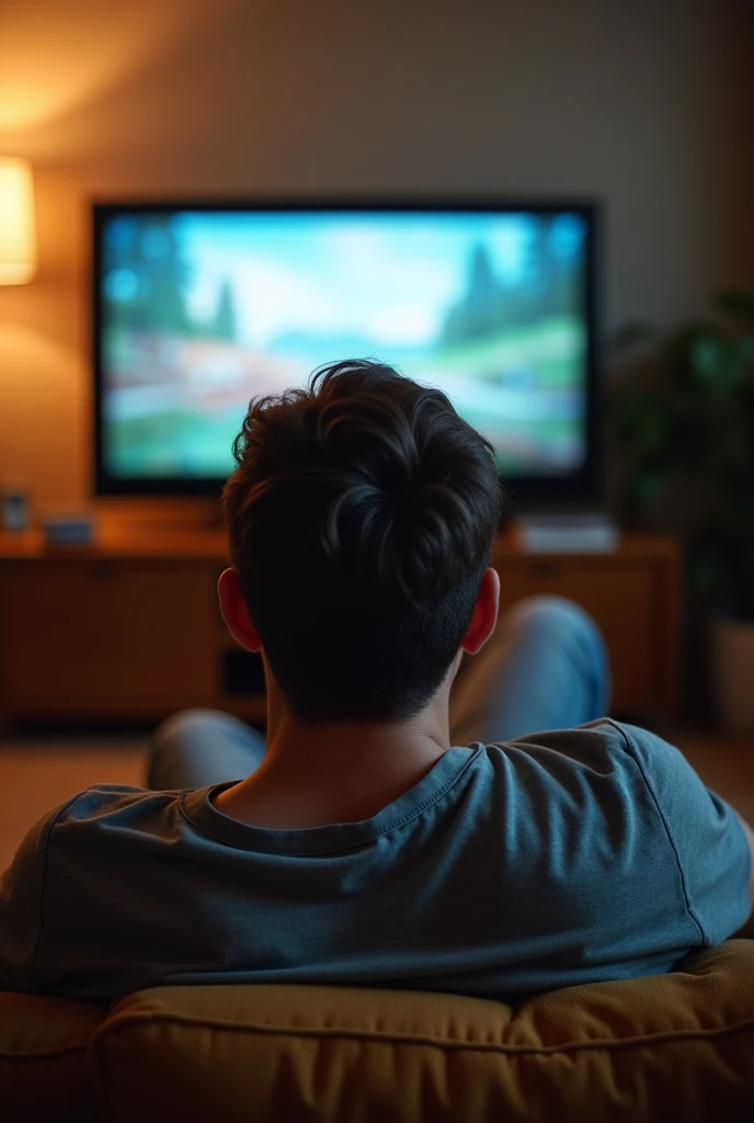 A guy’s back watching tv on a sofa
Make the photo like a Snapchat snap