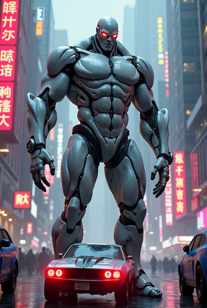 A big giga muscular men cyborg with scars on all body, red eyes, very white skins, scars everywhere, grab a car in histoire hand, a neon luminated and colored city scenery.
