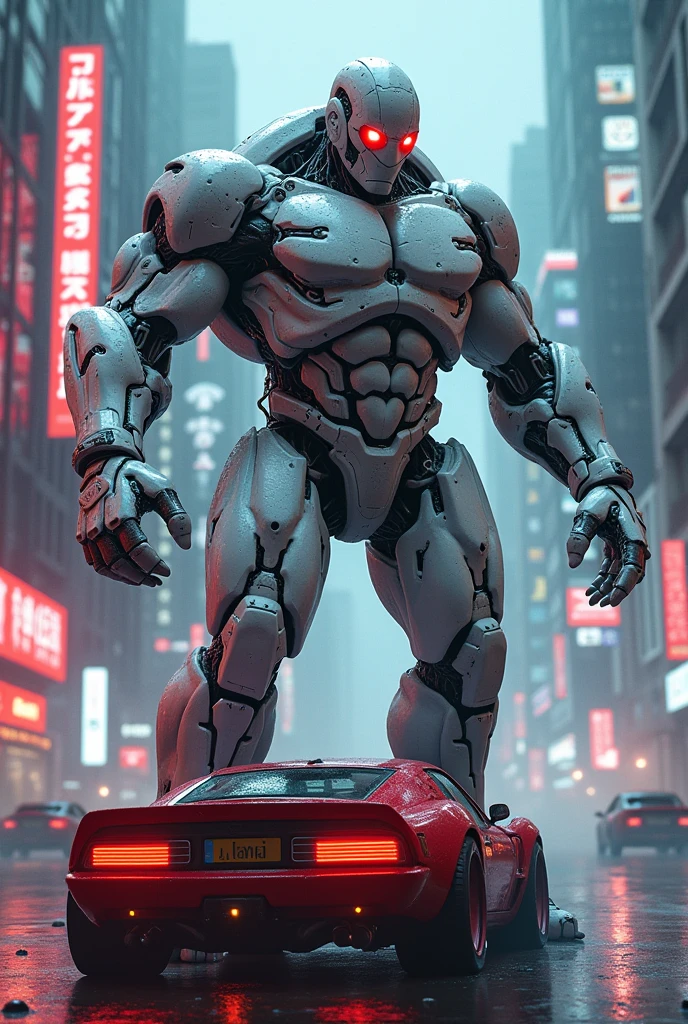 A big giga muscular men cyborg with scars on all body, red eyes, very white skins, scars everywhere, grab a car in histoire hand, a neon luminated and colored city scenery.