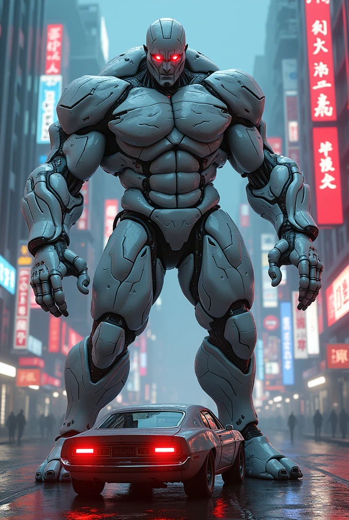 A big giga muscular men cyborg with scars on all body, red eyes, very white skins, scars everywhere, grab a car in histoire hand, a neon luminated and colored city scenery.