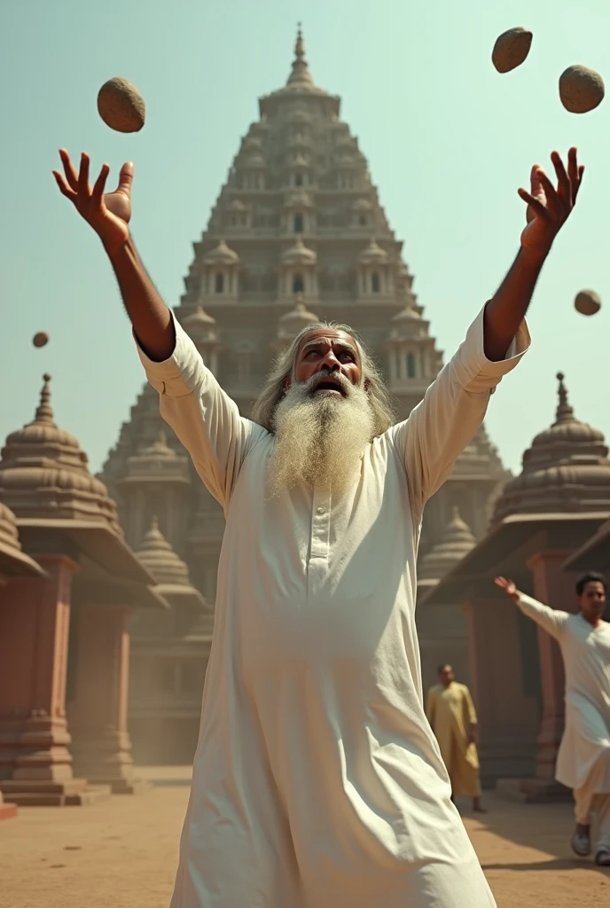 Muslim old man in white kurta long beard shaved moustache stone pelting towards the hindu temple 