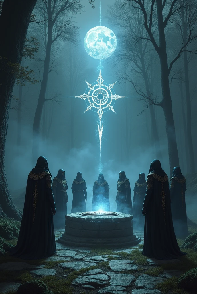 dvd screengrab from a 1980s dark fantasy film, low resolution. A low quality movie screengrab of a to the prompt helps with the aesthetic , Create an image in dark fantasy style, depicting the Silver Compass guild. The guild consists of several warriors and magicians., all dressed in black and silver armor or robes, decorated with mystical symbols and runes. They gathered around an ancient stone altar., on which lies a luminous compass with a silver case, emitting a soft bluish glow. The background of the scene is an ancient forest with tall trees., shrouded in mist, through which the moonlight barely penetrates. Symbols hover above the guild, carved in the air from light, representing their belief in truth and knowledge. The atmosphere of the image should convey a sense of unity., strength and mystery, which surrounds the guild, heading towards its goals.