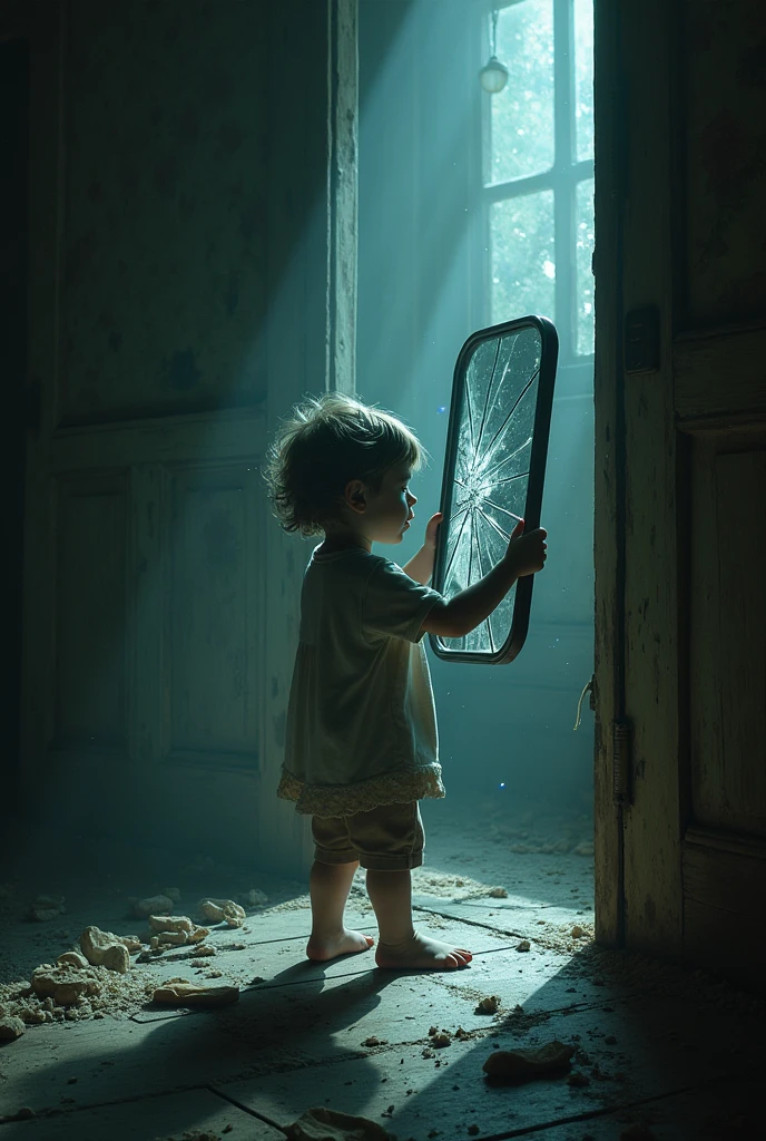 A child holding broken mirror in scary attic
