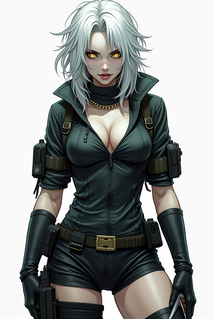 women with pale skin, Medium hair, White hair, hair over the shoulder, shag hairstyle, yellow eyes, smile, open mouth, Fangs, slit pupils, side-shields sunglasses, breasts, vibranium claws, tactical clothing(body covered with hostlers, gloves), Very detailed, high quality, simple background, looking at the viewer, showing her vibranium claws, anatomically correct, High resolution, character design, full body, comic style art