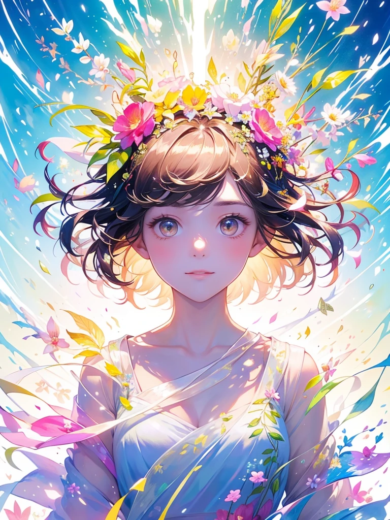 (masterpiece、Highest quality、Highest quality、Beautiful and beautiful:1.2)、Excellent anatomy、（Watercolor painting 1.5）、Long Shot、straight short hair images、Trendy Hair Color, Beautiful Face、Beautiful profile, Look up at the sky, I pray, Fairy, 蝶のFairyのコスチューム、Pure white、Pure、charm, Colorful flowers of different colors, Flower and leaf wind、Botanical Art,