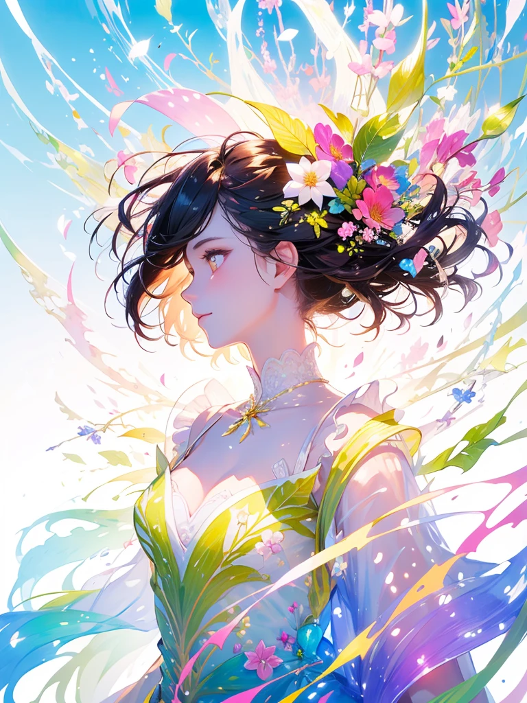 (masterpiece、Highest quality、Highest quality、Beautiful and beautiful:1.2)、Excellent anatomy、(Watercolor painting 1.5)、Long Shot、straight short hair images、Trendy Hair Color, Beautiful Face、Beautiful profile, Look up at the sky, I pray, Fairy, 蝶のFairyのコスチューム、Pure white、Pure、charm, Colorful flowers of different colors, Flower and leaf wind、Botanical Art,