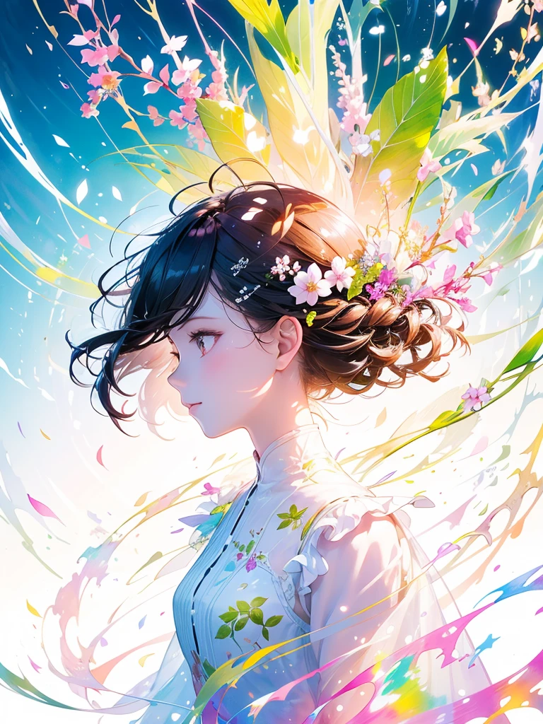 (masterpiece、Highest quality、Highest quality、Beautiful and beautiful:1.2)、Excellent anatomy、（Watercolor painting 1.5）、Long Shot、straight short hair images、Trendy Hair Color, Beautiful Face、Beautiful profile, Look up at the sky, I pray, Fairy, 蝶のFairyのコスチューム、Pure white、Pure、charm, Colorful flowers of different colors, Flower and leaf wind、Botanical Art,