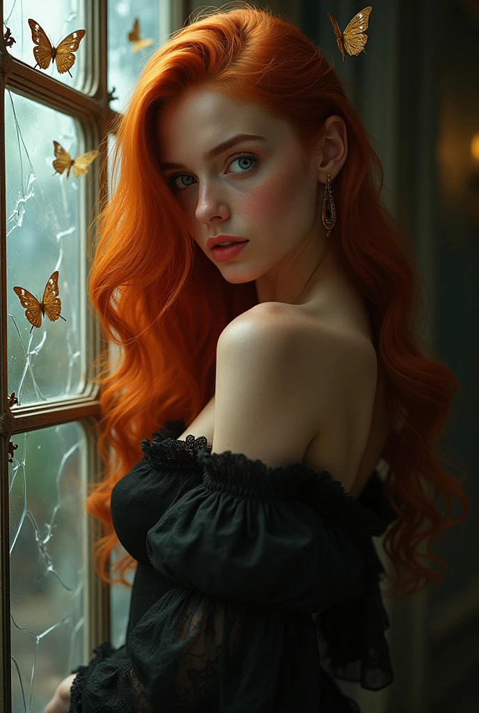 (solo, full body photo:1.3), (action packed:1.3), (haze, fog, mist:1.3), chiaroscuro, best quality, photorealistic, 1woman, (cute), (24yo:1.2), redhead, long ginger hair highly detailed, 1700'S, digital photography, art by artgerm and ruan jia and greg rutkowski surreal painting gold butterfly filigree, broken glass, (masterpiece, sidelighting, finely detailed Fashionable eyes: 1.2) (perfect oval large eyes that gazes at the viewer), beautiful detailed face, blue gorgeous perfect eyes, (blonde hair ponytail), (attractive young woman:1.3), (thick amazing hair), (seductive:1.1), (blushing:1.1)
