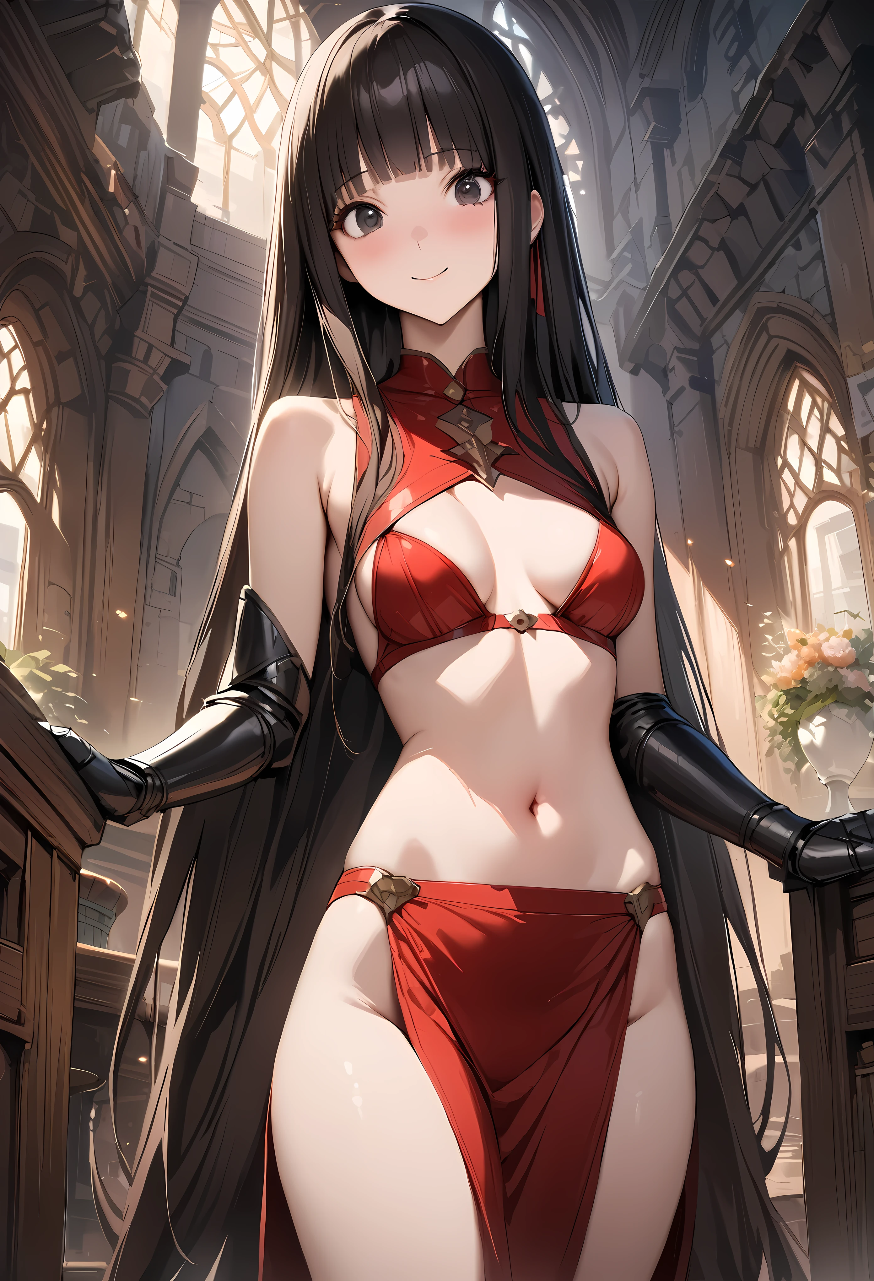 Fantasy art、((masterpiece,best quality anime,Highest quality:1.3)),realistic,cowboy shot,1woman,(2 beauty),((very small head:1.4)),((very long body:1.3)),long hair,black hair,bangs,(gorgeous big eyes),black eyes,smile,((slender body:1.3,skinny)),medium breasts,(mage dress,Red tube top bra、navel、red loincloth、Leather Gauntlets),castle town、A world of magic and fantasy、