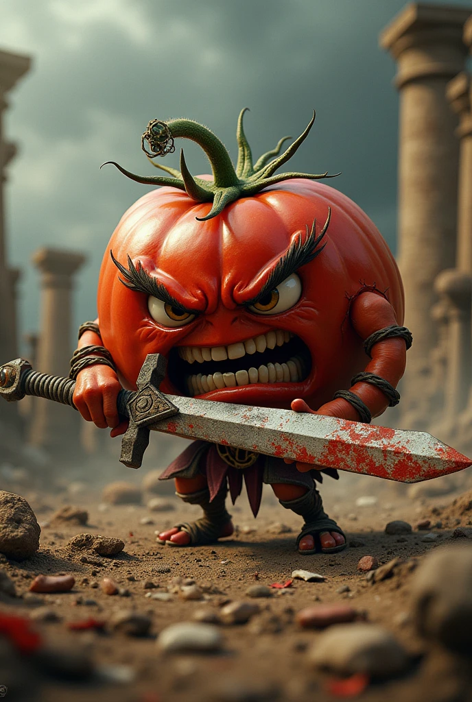 "Create a hyper-realistic image of an angry tomato in an ancient battle scene. The tomato should have intense, human-like features with a furious expression, wielding a worn, blood-stained sword in one hand. The background should depict a war-torn, dusty battlefield with crumbling stone ruins and scattered debris, under a dark, ominous sky. The overall texture should feel aged and gritty, capturing the chaos and intensity of an ancient, fierce battle."