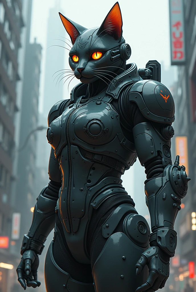 Anime Style、、Rubber Suit、Mecha Head、Full Mask、Very thick armor、Anthropomorphic cyberpunk cat