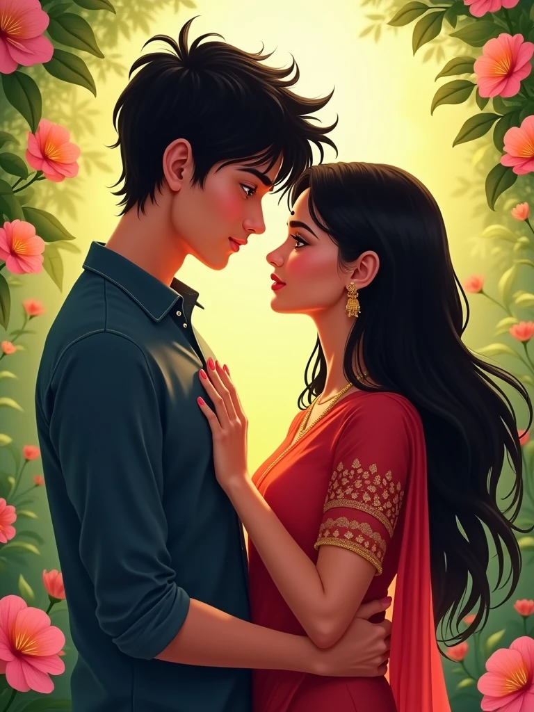 "Create an illustration of a young couple in an intimate moment. The man has short, tousled black hair and is wearing a dark blue shirt. He is looking lovingly at the woman, who has long black hair and is wearing a red saree with a lace border. She has a bindi on her forehead and is gazing down shyly, her hand gently placed on the man's chest. The background is a vibrant garden filled with blooming pink and orange flowers and lush green leaves. The setting has a warm, soft glow, giving it a romantic and serene atmosphere."