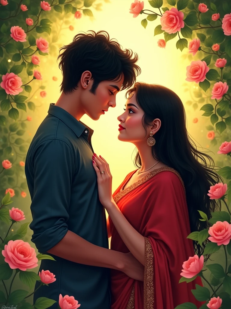 "Create an illustration of a young couple in an intimate moment. The man has short, tousled black hair and is wearing a dark blue shirt. He is looking lovingly at the woman, who has long black hair and is wearing a red saree with a lace border. She has a bindi on her forehead and is gazing down shyly, her hand gently placed on the man's chest. The background is a vibrant garden filled with blooming pink and orange flowers and lush green leaves. The setting has a warm, soft glow, giving it a romantic and serene atmosphere."