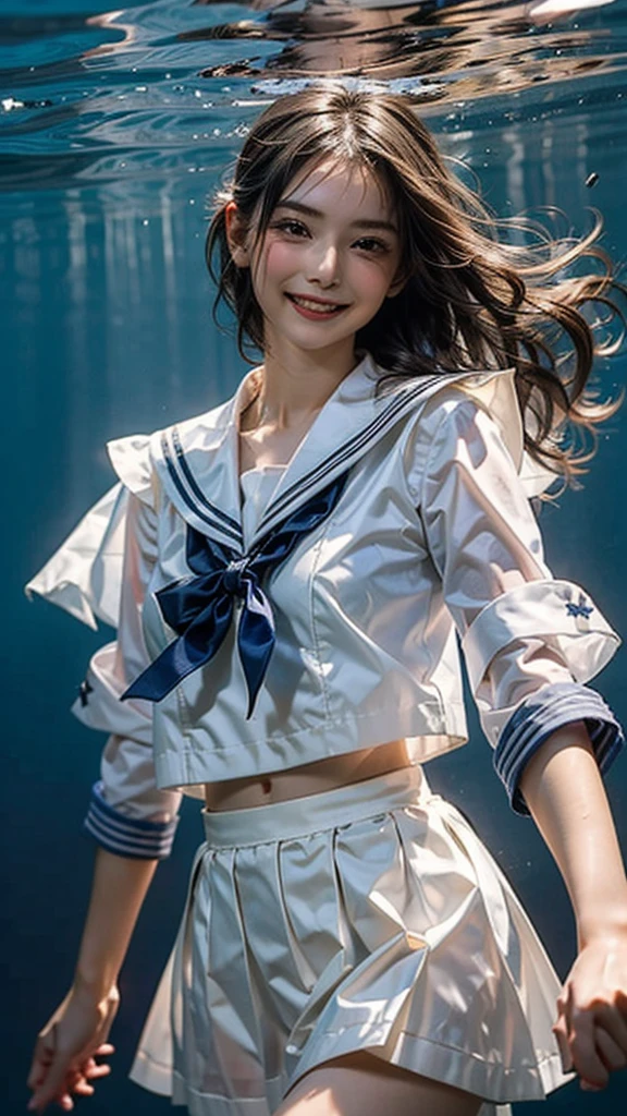 (See through:1.3),White Seraphim,Sailor suit, White Theme,school uniform, Sailor suit, View your viewers,  Insanity, Disheveled long hair, Beautiful attention to detail,Hair shines,Elevation,Blue sailor collar, Firm breasts,A light smile,Partially underwater...