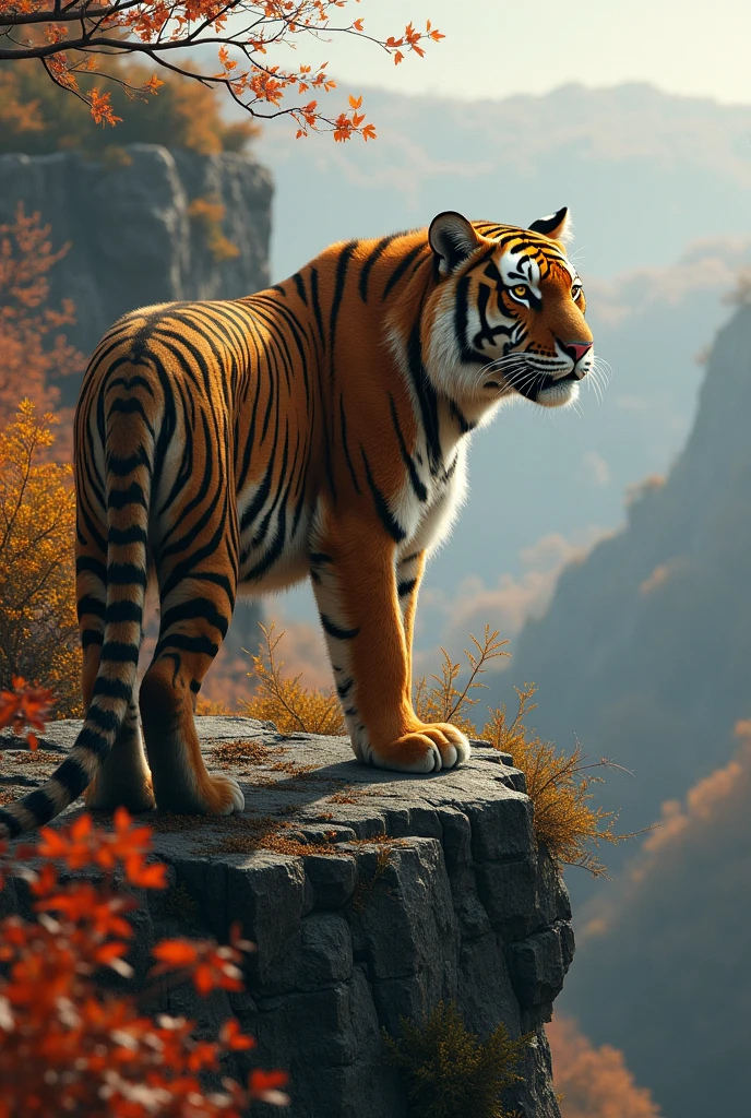 a pure brown tiger,on the cliff,Watch from a high place,Background autumn,Tiger cute realistic style