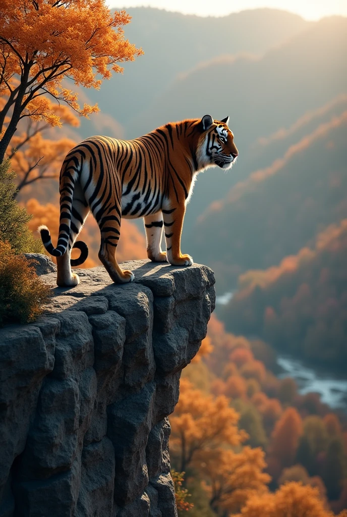 a pure brown tiger,on the cliff,Watch from a high place,Background autumn,Tiger cute realistic style