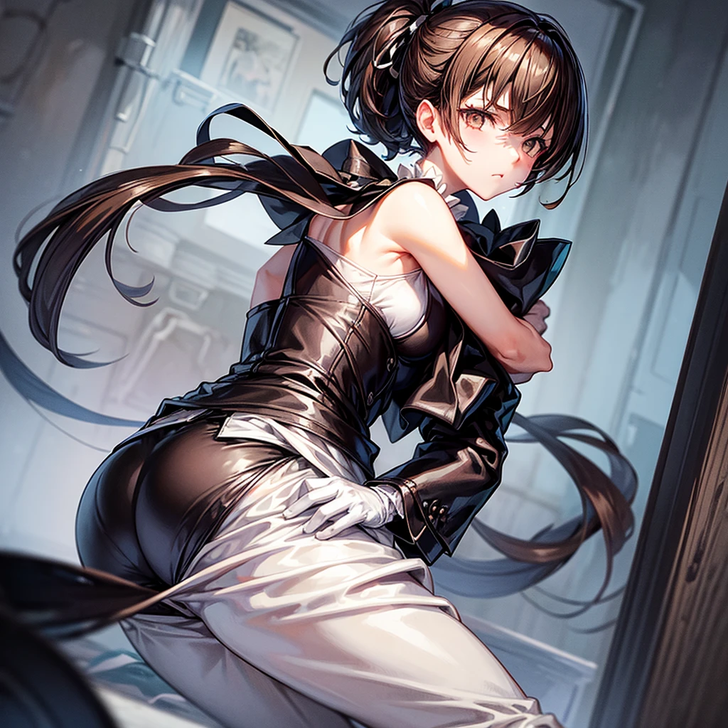 masterpiece , best quality ,1girl,solo,White Gloves,pants, looking at viewer, Black ribbon on the back of the head,brown eyes,brown hair,Shoulder length hair,bobbed hair,Bundle your short hair back,short ponytail,Woman in black butler's outfit,pants,