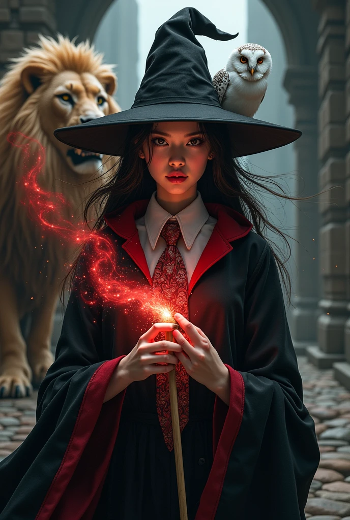 photo, asian woman, white skin, Facing straight, Fluffy black hair, Five long, slender fingers on each hand, Black witch cloak, Red Hood, black witch hat, White collared inner shirt, Red and white patterned tie, One hand holds a small wand., There were several red sparks and red smoke coming out of the wood., A white owl stands on the right shoulder., A large golden lion appeared from the left rear side., The background is an old black castle.