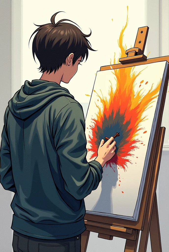 Drawing of someone drawing on a sketch stand manga artist perspective is facing back and the art she is drawing the color tries to escape the sketch slightly stil the perspective to the left and the character
