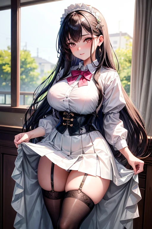 2 girls Akiko and Mei. Akiko is a , slender girl with porcelain skin and large, doe-like eyes. Her short, raven hair frames her delicate features, and her full, pink lips tremble slightly. She wears the standard Eden Academy uniform - a crisp white blouse, a dangerously short plaid skirt, and thigh-high stockings. Her small, perky breasts strain against the fabric of her blouse. Mei, in contrast, is taller and more voluptuous, with long, chestnut hair that falls in soft waves. Her amber eyes are wide with fear, and her ample curves are emphasized by the tight fit of her uniform. Her skirt barely covers the swell of her hips, and her generous bust threatens to spill out of her blouse. The girls cling to each other, their knuckles white as they grip the fabric of their skirts.