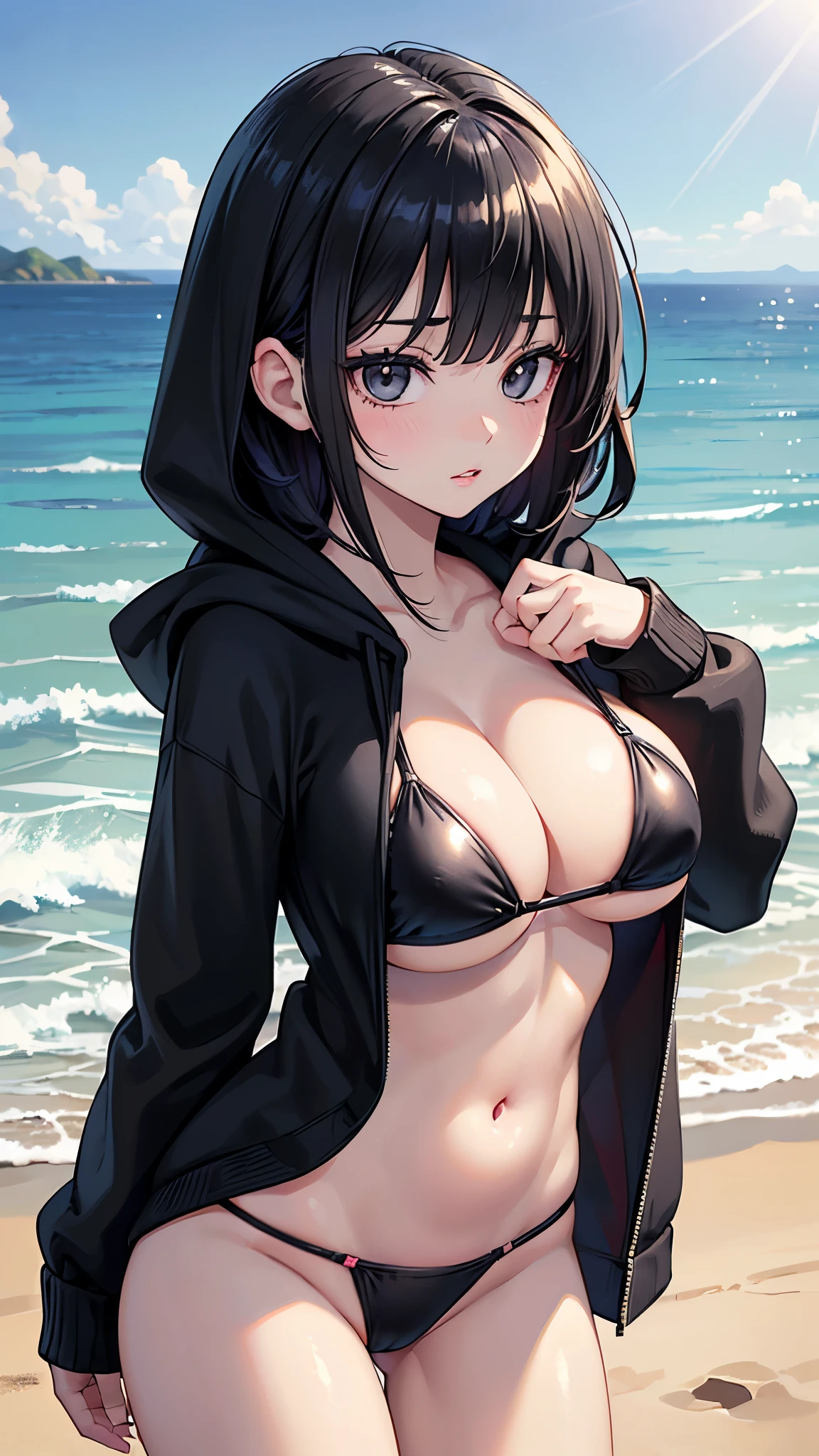 (masterpiece, 最high quality, 超High resolution, Very detailed), (Realistic:1.1, photoRealistic:1.4), Perfect illustration, Perfect lighting,Perfectly detailed hair, Perfect and exquisite face, Perfect collarbone, Perfect body,Juicy breasts, Perfect Thighs, Beautiful legs, View your audience, 1 person,Perfect Face, (Perfect Anatomy, Anatomically correct), Symmetrical face、((Shiny Hair)),Sexy Body、(masterpiece),(最high quality:1.3),8k,Very clear,(Ultra-realistic),Captivating woman,(high quality, High resolution, The finer details), Realisticなスタイルの女性,Juicy breasts、Perfect Woman、Perfect Face、Symmetrical face、、Cowboy Shot、((Big breasts))、blush、((Juicy lips))、(((Black medium hair)))、((Large, double-set black eyes、Long eyelashes))、(Red Makeup)、(((bikini)))、(((hoodie、Open clothes)))、(Healthy and well-developed body)、((Big tits jk))、(Sandy Beach、Distant horizon、sunlight)