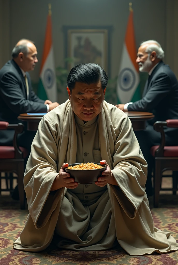 Putin and modi are meeting .
Xing ping begging with a bowl