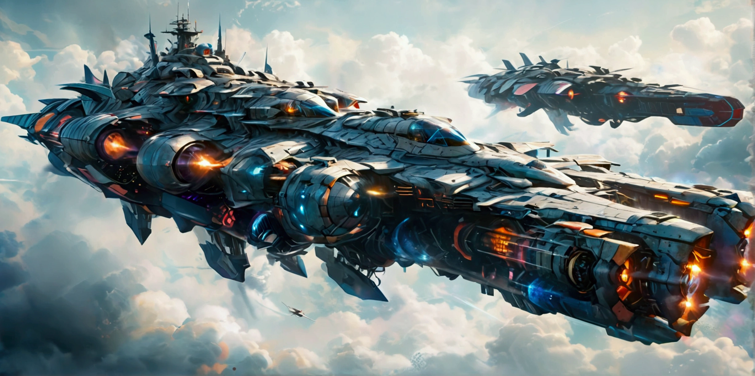 (best quality,ultra-detailed,realistic:1.37), A long wide giant heavily armored divine futuristic flying all terrain biomechanical space battleship covered in rainbow batik pattern and glowing javanese runic symbols, (multiple retractable cybernetic spider legs with wheels on the tips), divine halo, flying hovercraft, flying submarine, flying aircraft carrier, flying hotel, flying resort, flying city, flying skyscraper, flying cruise ship, flying yacht, flying castle, flying military base, multiple thrusters, multiple helipad, multiple propeller, mobile headquarters, mobile command center, automatic turrets, missile banks, missile defense system, multi-port rear engine arrays, large pivoted missile pods, anti-air batteries, reactive armour over vital spaces, VTOL thrusters, ventral ground-facing VTOL thruster bays, retractable center cannon, super carrier, sky carrier, space station, floating city, floating castle, white background