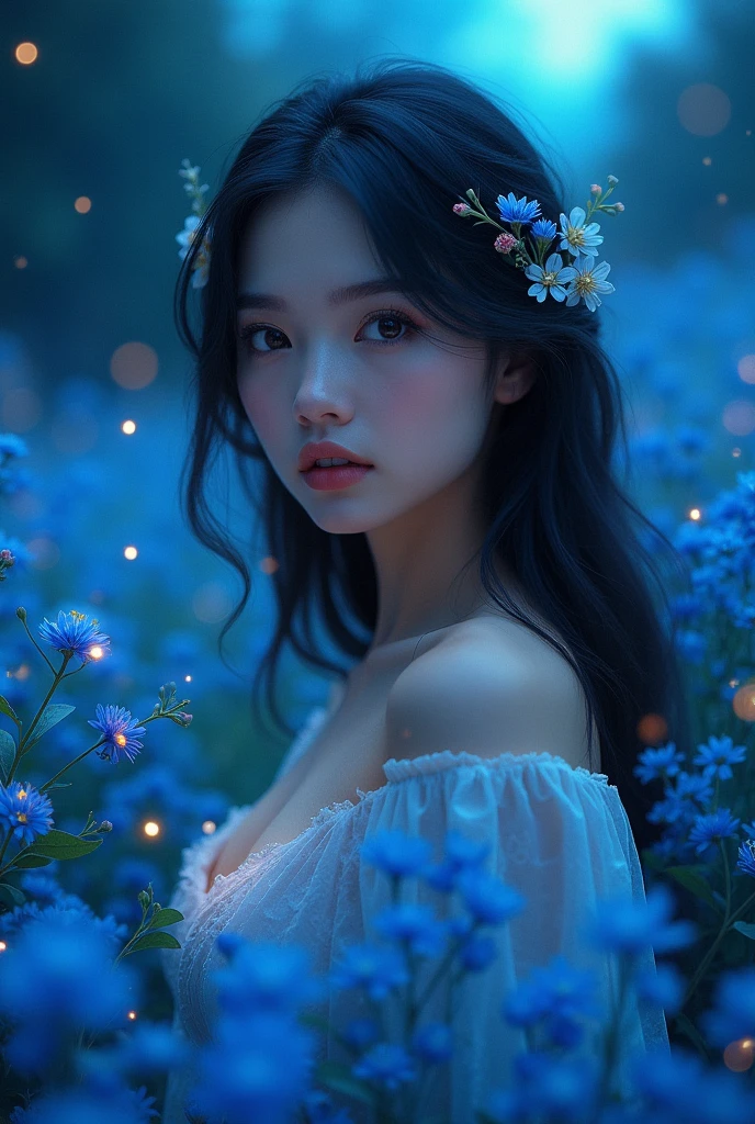 A beautiful valley near village. It's look so beautiful and her eyes is so mesmerising that attract anyone. Her looks so attractive. Her near the blue soft moonlight , blue flowers with lots of
fireflies.
