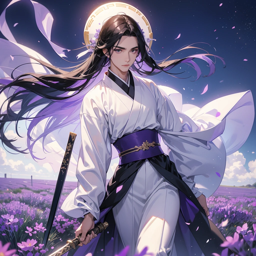 A Handsome black-hair male holding a large sword in white hanfu dress, Stroll among the purple lavender fields , There are some floating clouds.
