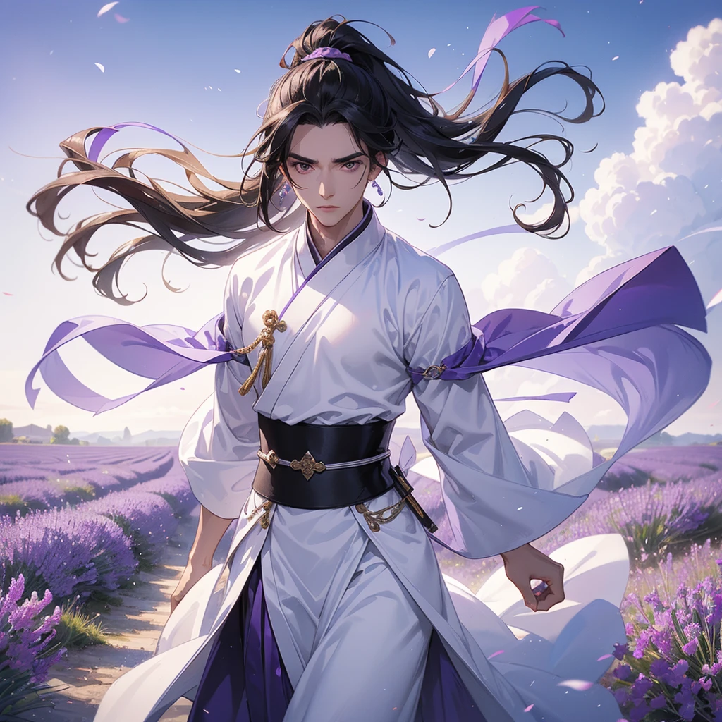 A Handsome black-hair male holding a large sword in white hanfu dress, Stroll among the purple lavender fields , There are some floating clouds.