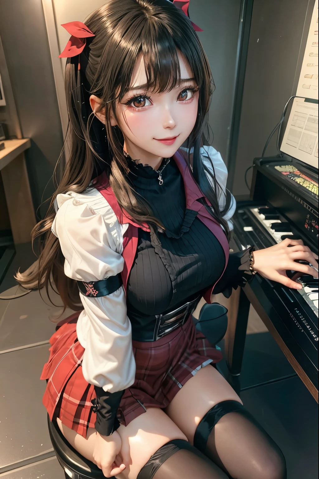 high school girlブレザー、high school girl、Red checked skirt、JK Style、Jacket、smile、garter、Knee socks、Panty stocking、Otherworldly beauty、Really cute、boredom、Extraordinary beauty、Dark black eyeshadow、sorrow、Good skin radiance、Long Hair Straight Hair、Dark Gothic Makeup、暗いsmile、Beautiful woman、Stained Glass Background、On the table、Highest quality、5 reference books、Sweat glistens on my chest、Sweat glistens on my face、Thigh sweat、sweating、Black frill East size Regular size、Dark pink hair、2、Sweat on your thighs、Sweat a lot and become sticky。、My thighs are sticky and shiny、Sweating on thighs and chest、Small breasts、Slightly slim、Sweating all over the body、Ah, I play the synthesizer.、sit and play an instrument、Thin legs、Two people、Lesbian couple、hug、私の女友達はReally cute顔をしている、My female friend has a very beautiful face.、Do lesbian play、Super straight hair、Extremely fair skin、Play the synthesizer、Sexy expression、Sitting in front of a synthesizer instrument、The expression of someone who is trying to hold back from masturbating、Panting expression、Ecstatic expression、Working with synthesizers、Playing a keyboard instrument、