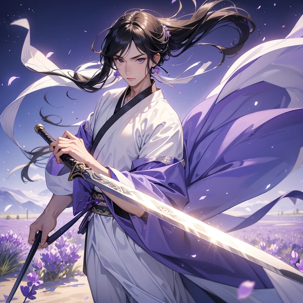 A Handsome black-hair male holding a large sword in white hanfu dress, Stroll among the purple lavender fields , There are some floating clouds.