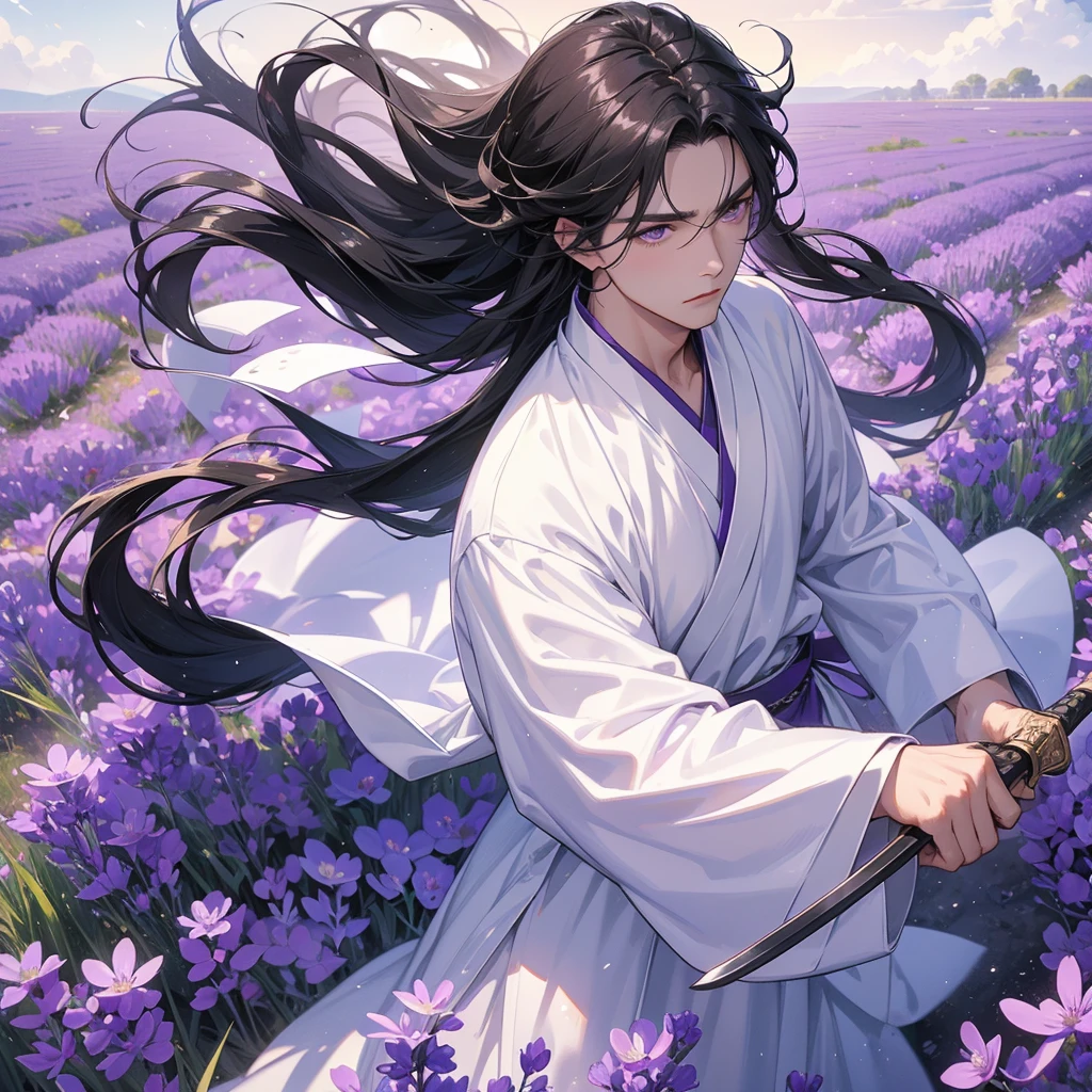 A Handsome black-hair male holding a large sword in white hanfu dress, Stroll among the purple lavender fields , There are some floating clouds.
