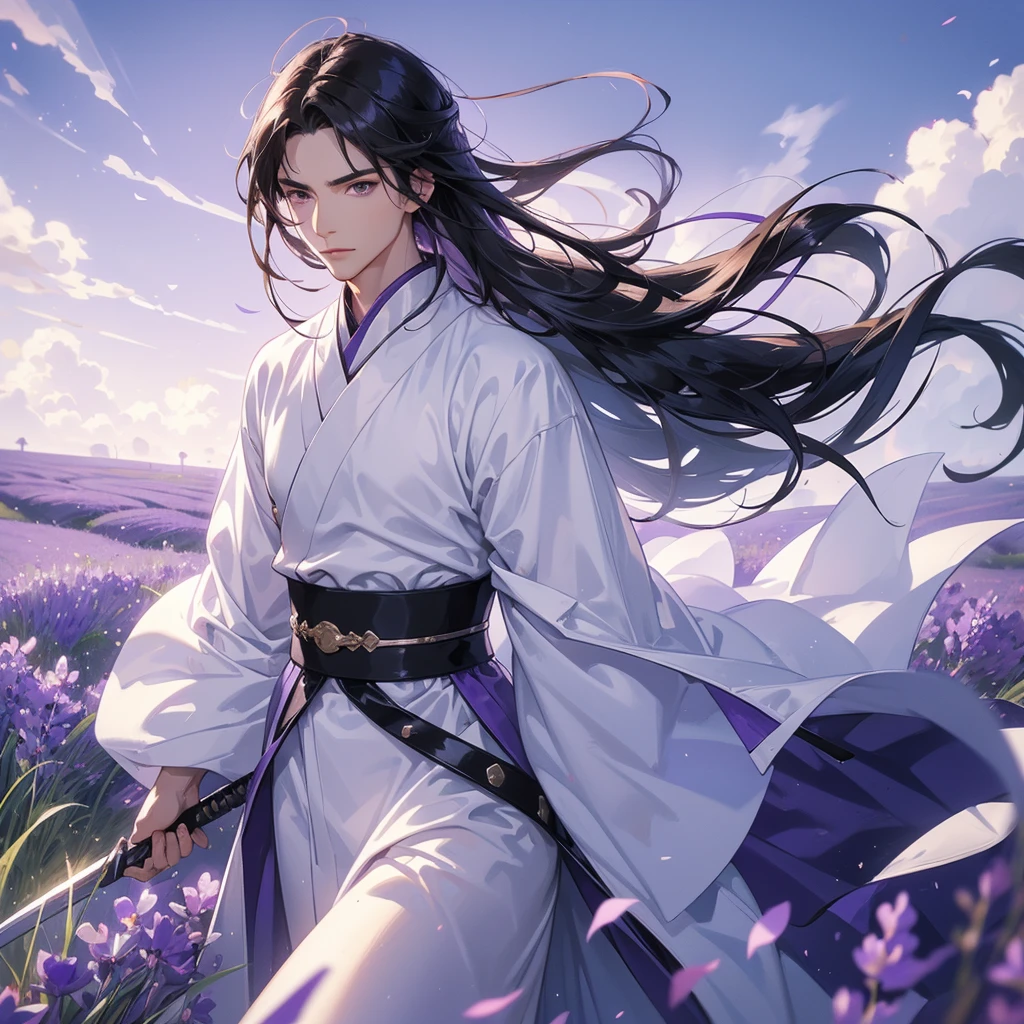 A Handsome black-hair male holding a large sword in white hanfu dress, Stroll among the purple lavender fields , There are some floating clouds.