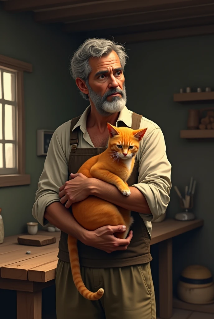 **Farmer at Home**: The farmer stands in his modest home, holding the mango cat, looking worried, with a simple wooden table and rustic interior in the background.