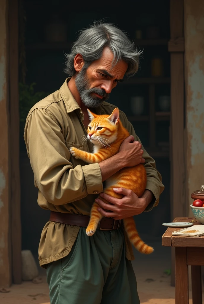 **Farmer at Home**: The farmer stands in his modest home, holding the mango cat, looking worried, with a simple wooden table and rustic interior in the background.