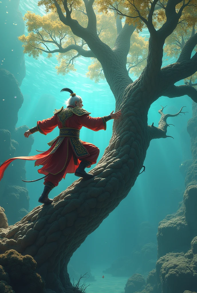 Action scene, full-body view has a huge tree standing tall on the clouds, Sun Wukong, the gray-haired monkey king, in a warrior costume, wearing a pheasant feather crown, wearing Chinese-style armor, in a red suit with a Chinese general armor, climbing a huge and long tree, the shiny metal CG is decorated with Chinese patterns in gold and black CG, exquisitely beautiful, dazzling in the underwater city, the ground is covered with waves and bubbles, the picture clarity is very high, HD level.