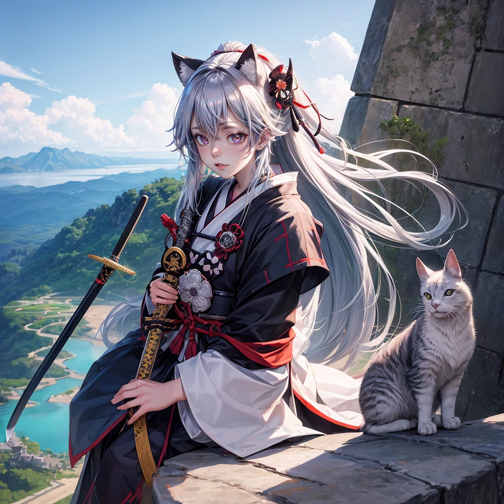 With a vast horizon and a large castle in the background、A samurai woman with silver hair and silver cat ears、Wield two swords skillfully like Miyamoto Musashi。The sword&#39;s trajectory left an afterimage of wind-like movement.、It has an overwhelming presence in the midst of fierce battles.。Other warriors were fighting around him.、The tension of the battlefield is felt。The background makes up 70% of the total、The magnificent castle and the wide horizon emphasize the atmosphere of the battlefield.。Women are drawn at 20% of the total size.、Her dignity and beauty are outstanding。The whole thing is in a realistic 3DCG style.、The power and strength of a warrior like Miyamoto Musashi is expressed in detail.。