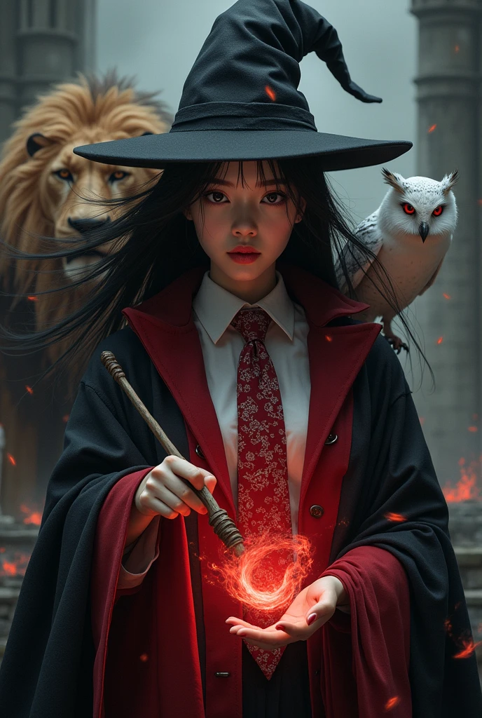 photo, asian woman, white skin, Facing straight, Fluffy black hair, Five long, slender fingers on each hand, Black witch cloak, Red Hood, black witch hat, White collared inner shirt, Red and white patterned tie, One hand holds a small wand., There were several red sparks and red smoke coming out of the wood., A white owl stands on the right shoulder., A large golden lion appeared from the left rear side., The background is an old black castle.