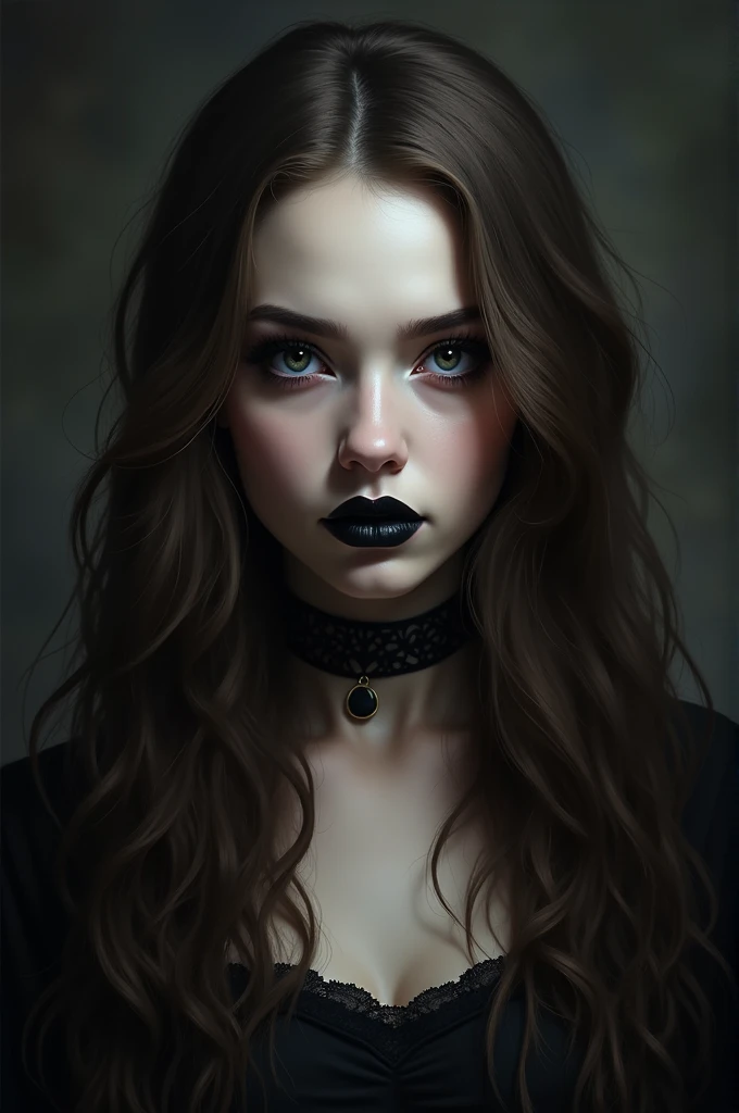 Olivia is Gothic-style portrait featuring a woman with long, wavy brown hair and pale skin. Olivia has striking, dark eye makeup and black lipstick, giving her a dramatic and intense expression