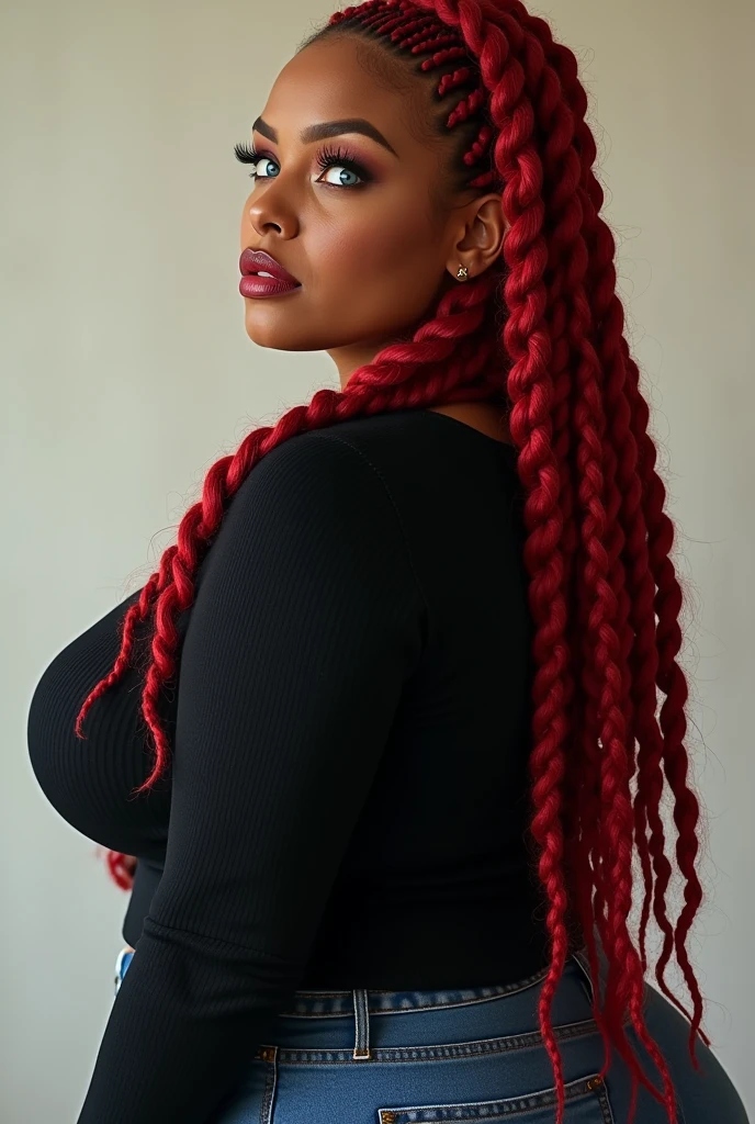 A brunette woman, red box braids in hair, Big butts, breasts big, blue eyes potato nose. She wears a black sweater